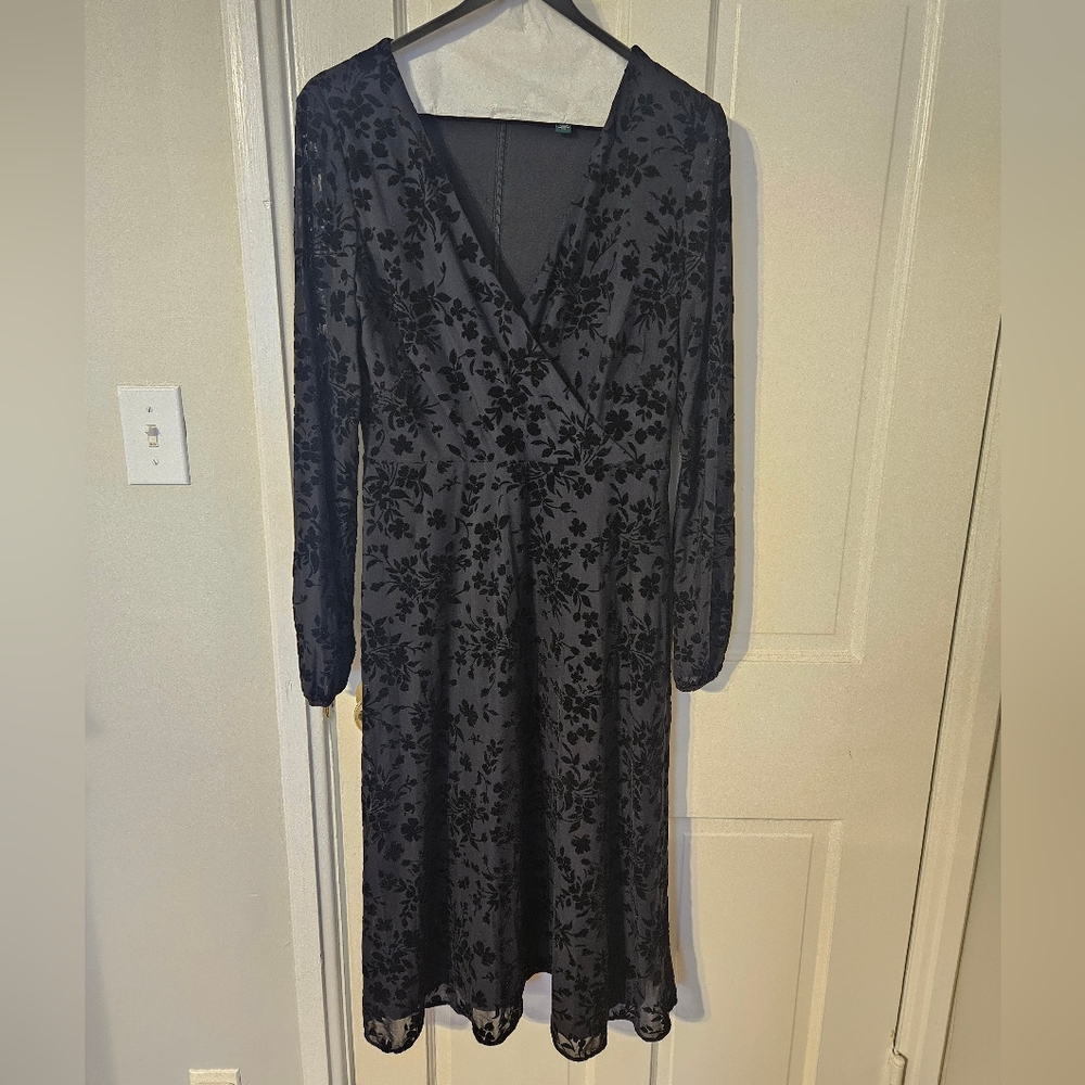 Ralph Lauren Black Floral Burnout Long Sleeve Dress